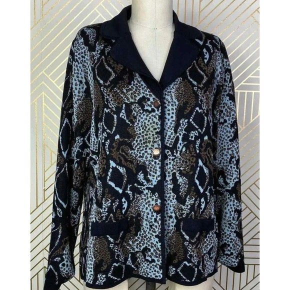 Exclusively Misook Cheetah Snake Animal Print BlackBlueBrown Cardigan Jacket S - Picture 1 of 11